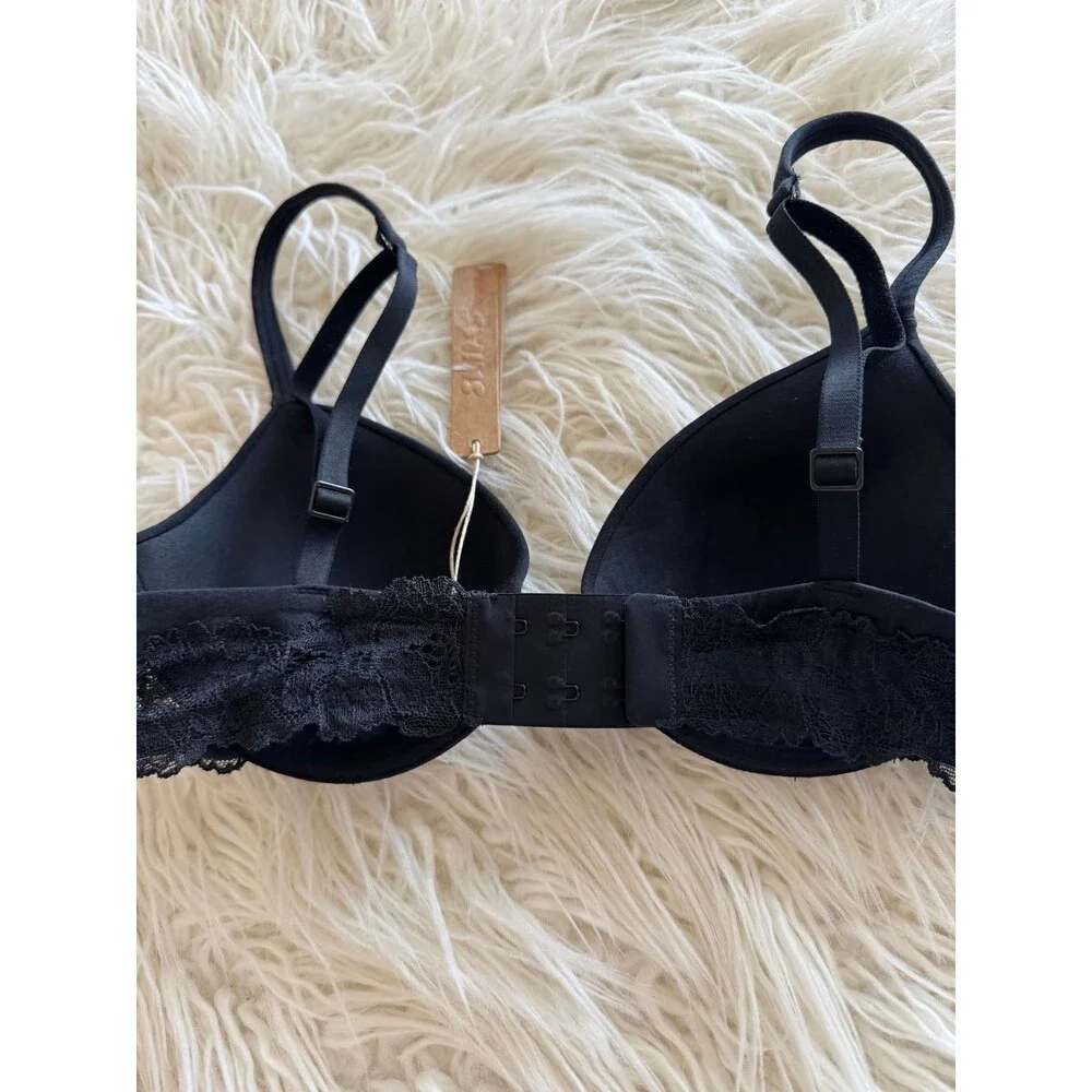 Skims Cotton Lace Lightly Lined Plunge Bra Onyx Size 34B - Picture 7 of 8